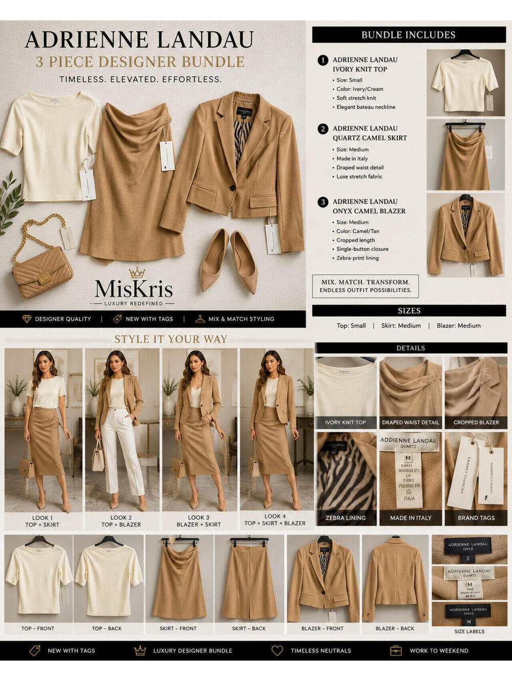 Adrienne Landau 3 Pc Bundle Top Skirt Blazer Camel Ivory NWT Mixed Sizes